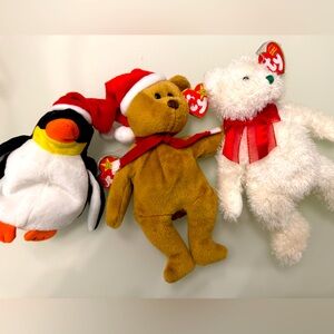 Rare retired beanie babies. Penguin Zero Holiday Teddy, 2004, Holiday Teddy 1997